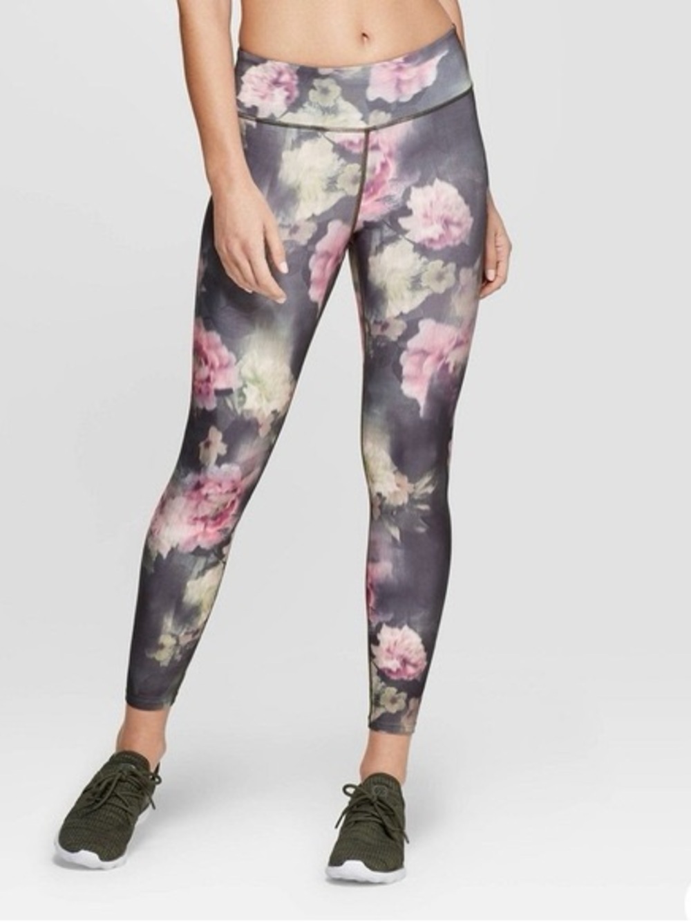 WAP86 {JoyLab} Green Pink Floral Mid to High Rise Ankle Skinny Yoga Leggings